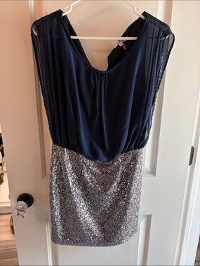 Minuet Petite Navy and Silver Sequin Blouson Cocktail Dress